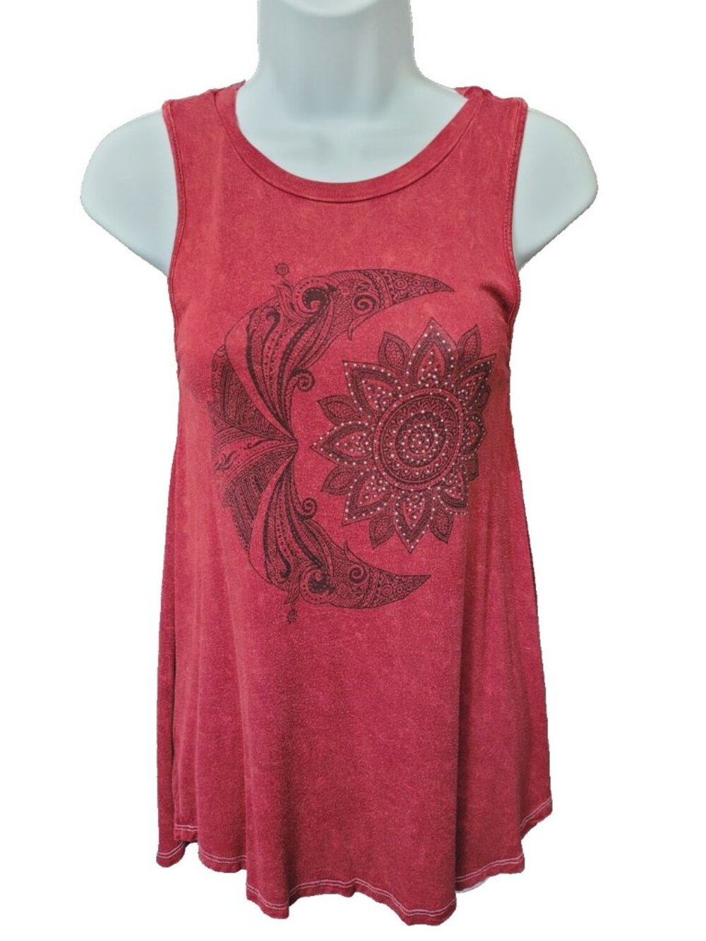 Vintage Y2K Mandala Asymmetrical Tank Top Red Celestial Studded Stretch S